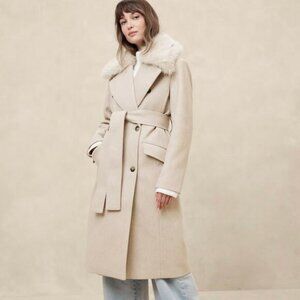 BANANA REPUBLIC Beige Fur Collar Tie-Waist Lined Coat Size Medium NEW with TAGs